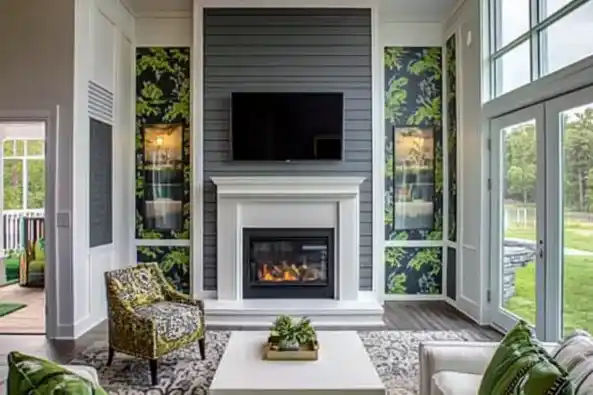 A stylish living room with a modern fireplace centered under a wall-mounted TV, framed by two panels of botanical wallpaper. The room features large windows allowing ample natural light, contemporary furniture with green and floral accents, and a white coffee table with a decorative plant centerpiece.