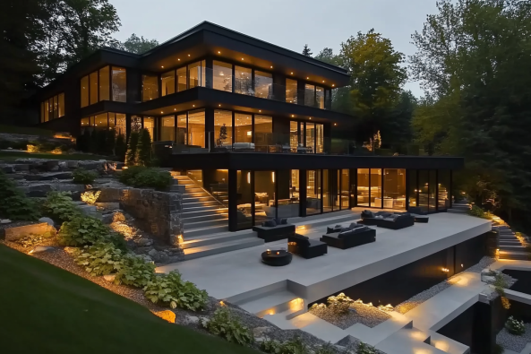 A breathtaking modern multi-level home featuring expansive glass walls and sleek black exterior finishes, nestled in a lush forested setting.