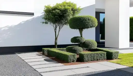 A modern minimalist garden design featuring neatly trimmed geometric hedges, a sculptural topiary, and a small ornamental tree, set against a white building with clean lines and a pathway of stone slabs and gravel.