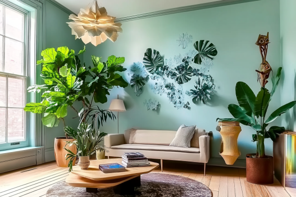 A stylish living room with a nature-inspired design featuring large green indoor plants, a modern beige sofa, and a unique wooden coffee table. The walls are painted in a soft mint green shade, adorned with decorative metal leaf art. A large window allows natural light to flood the space, complementing the wooden flooring and earthy decor elements.