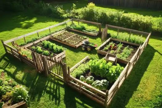 A beautifully organized backyard vegetable garden with raised wooden beds, filled with lush green plants and various crops, enclosed by a rustic wooden fence and basking in sunlight.