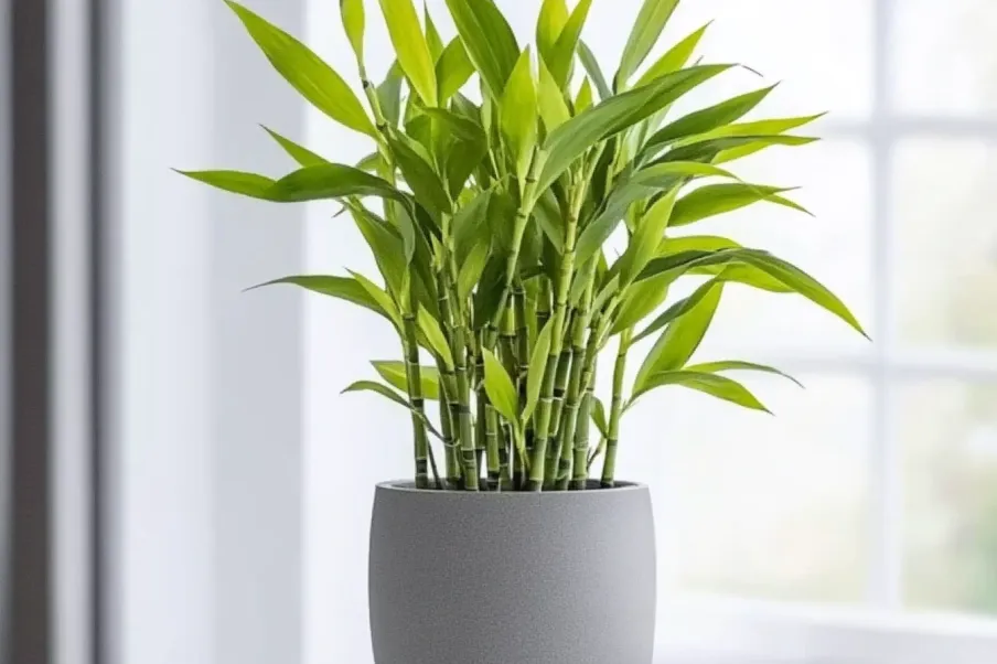 A healthy lucky bamboo plant with vibrant green leaves placed in a simple gray pot on a modern kitchen countertop, with natural light streaming in from a nearby window.