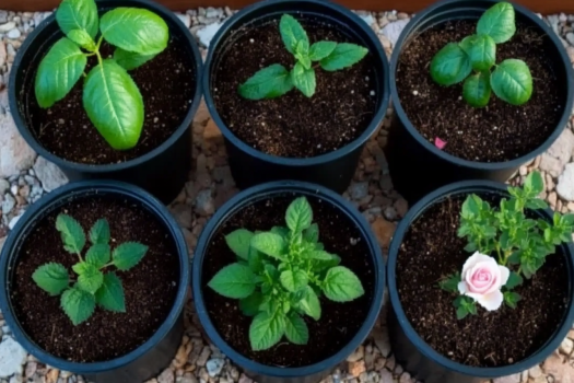 Six black pots arranged in two rows on a gravel surface, each containing soil and plants at different stages of growth. Five pots have green leafy plants, while one pot contains a blooming pink rose.