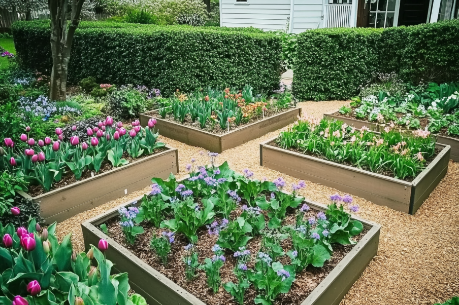 A beautifully organized garden featuring raised beds filled with a mix of vibrant flowers, including tulips and other colorful blooms. The beds are neatly arranged on a mulch pathway, surrounded by lush hedges and trees, creating a serene and structured gardening space. The vibrant colors and tidy design highlight the charm of springtime gardening.