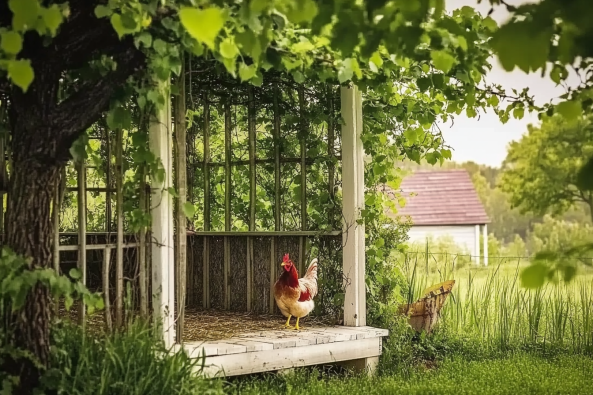 A countryside setting featuring a white wooden gazebo covered in green foliage, with a rooster standing on the wooden floor and another chicken nearby in the grass. In the background, there's a rural landscape with a house, trees, and a lush green field.