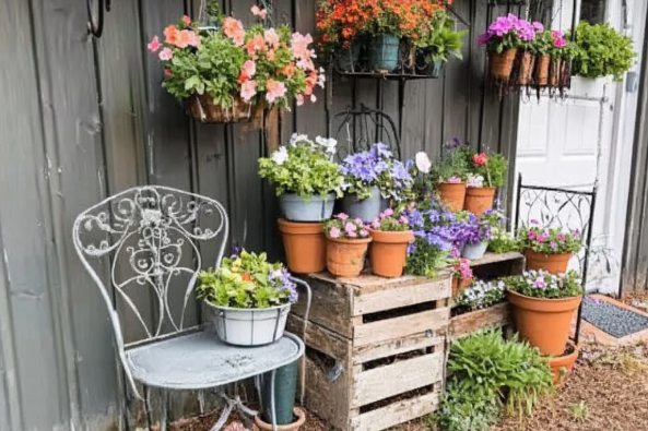 A charming outdoor garden setup featuring potted flowers and plants arranged on wooden crates and metal racks against a rustic dark grey wall. A vintage wrought iron chair with a weathered look sits beside the plants, adding to the cottage-style aesthetic. Hanging flower pots with vibrant pink, orange, and purple blooms enhance the cozy, nature-inspired ambiance.