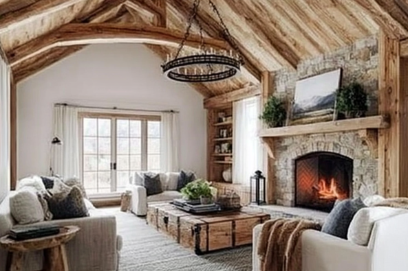 A cozy rustic living room featuring a vaulted wooden ceiling, a stone fireplace with a warm fire, and comfortable seating arranged around a wooden coffee table. Natural light streams through large glass doors, enhancing the inviting atmosphere.