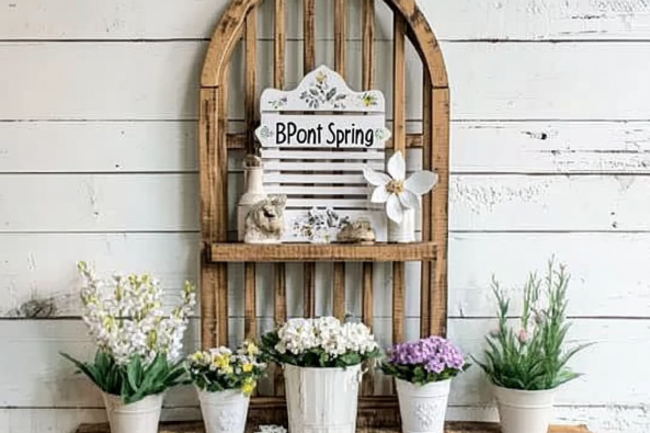 A charming rustic spring-themed decoration featuring a wooden arched lattice backdrop against a white distressed wood wall. A small shelf holds a decorative sign that reads "BPont Spring," accompanied by a white flower ornament and two small figurines.