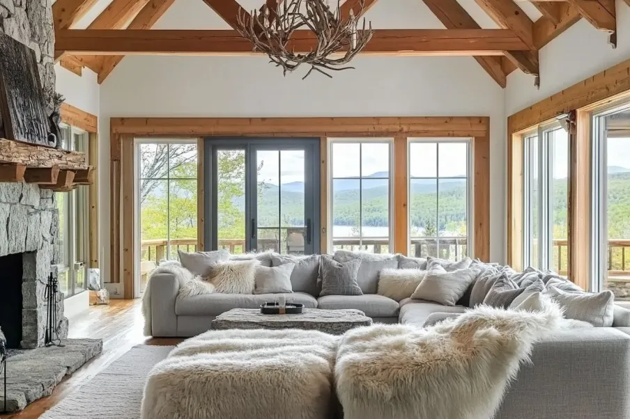 Cozy rustic living room with a sectional sofa, stone fireplace, and scenic mountain views.