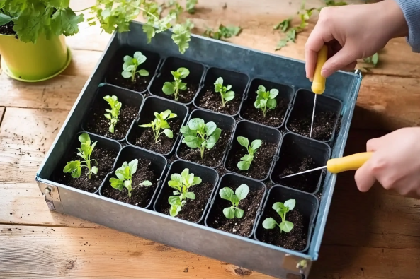 A gardener's hands working with small seedling trays filled with young plants and rich soil, using small yellow-handled gardening tools. A green potted plant and scattered leaves rest on the wooden table nearby.