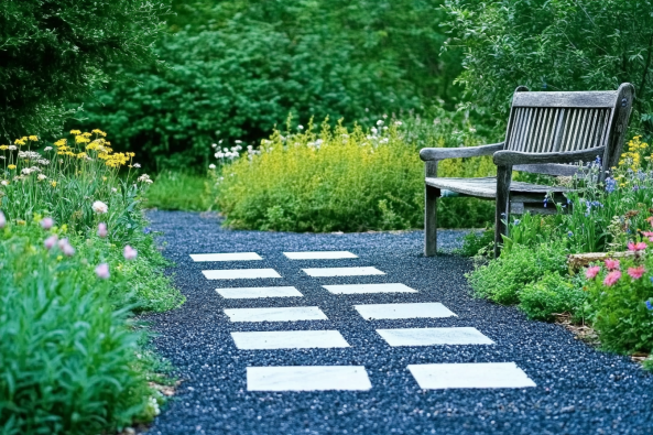 A peaceful garden pathway made of dark gravel with neatly arranged white stepping stones leading through a lush, green environment. A rustic wooden bench is placed to the right of the path, offering a quiet resting spot.