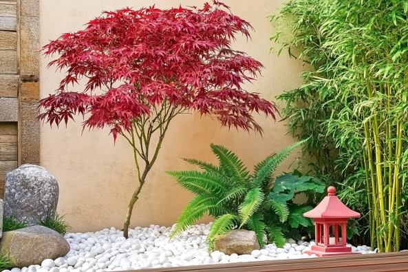 A beautifully landscaped Japanese-inspired garden featuring a vibrant red Japanese maple tree, lush green ferns, and bamboo plants. The garden is adorned with white pebbles, large decorative stones, and a small red pagoda lantern, creating a tranquil and harmonious atmosphere against a neutral-toned wall.