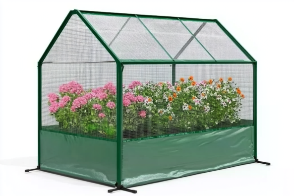 A compact green garden greenhouse with a sturdy metal frame and transparent mesh covering. Inside, vibrant pink and orange flowers are blooming, providing a colorful and protected growing environment.