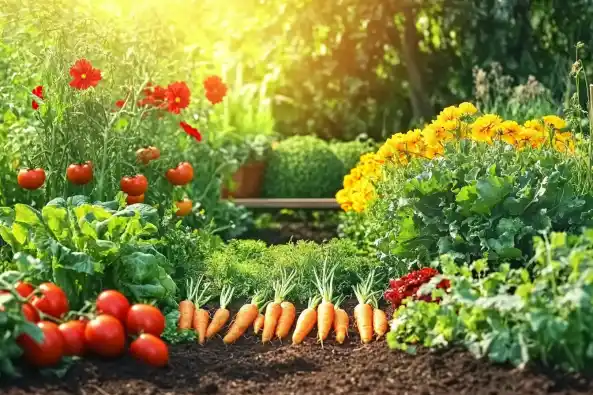 A sunny garden with tomatoes, carrots, and colorful flowers.