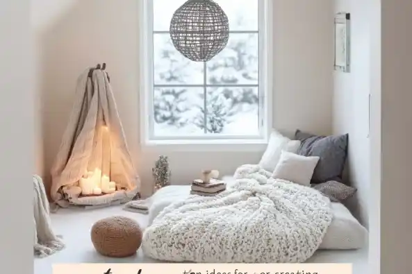 A small, cozy winter nook with a floor mattress, knit blanket, pillows, and a candle-lit blanket teepee by a snowy window.