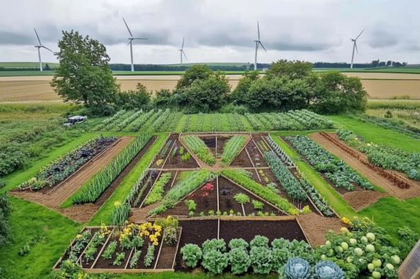 A well-organized and symmetrical vegetable garden featuring neatly arranged rows of various crops, including leafy greens, onions, and flowering plants. The garden is surrounded by lush greenery and farmland, with multiple wind turbines in the background under a cloudy sky. The structured layout adds to the aesthetic appeal and efficiency of the gardening space.