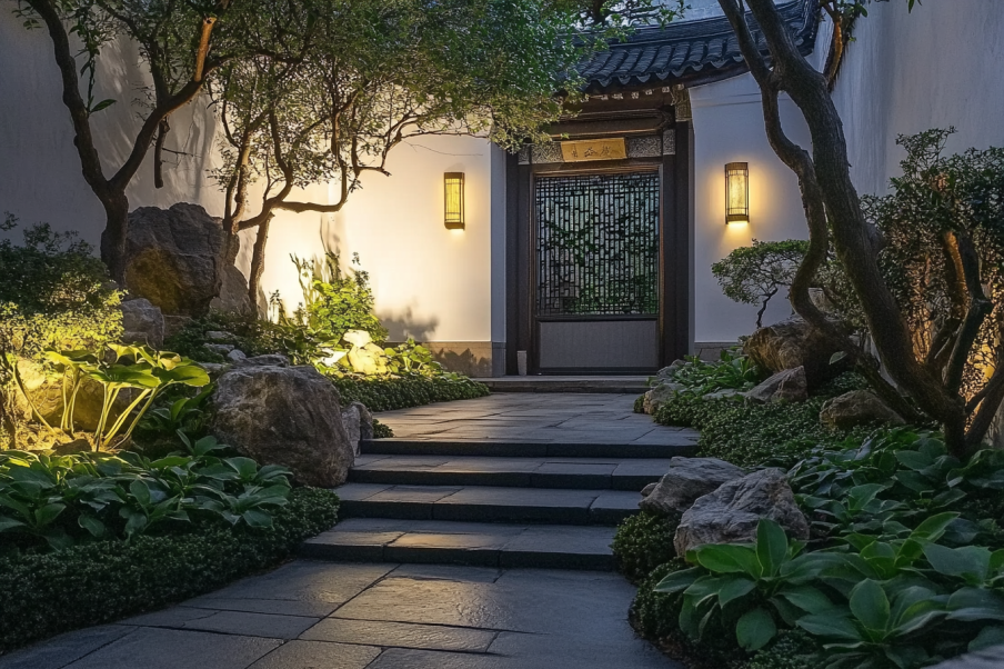 An elegant garden entrance featuring stone pathways and lush greenery, illuminated by soft, warm lighting. The scene includes a traditional architectural doorway, decorative rocks, and a serene tree casting artistic shadows against the white walls. A calming blend of natural and minimalist design creates a peaceful ambiance.