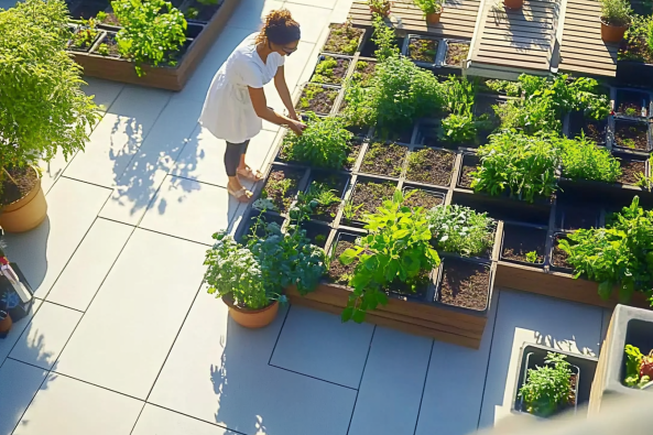 A serene rooftop garden featuring neatly arranged raised beds and potted plants. A woman in a white dress tends to the lush green herbs and vegetables under the golden sunlight. The clean tiled flooring and organized layout create a peaceful and productive urban gardening space.