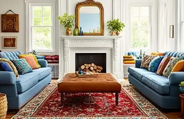 A cozy and colorful living room featuring two blue sofas with vibrant throw pillows, a tufted brown ottoman as a centerpiece, a classic white fireplace with decorative wood logs, and a gold-framed mirror above, complemented by lush green plants and natural light from large windows.