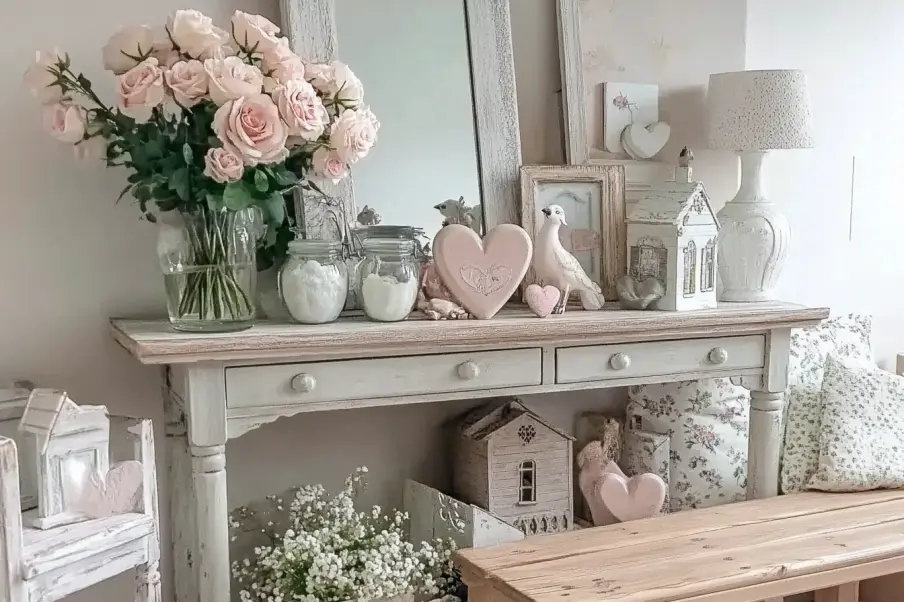 A beautifully decorated shabby chic console table featuring soft pastel elements such as pink roses in a glass vase, heart-shaped ornaments, vintage-style lanterns, and a distressed wooden mirror. Cushions with floral patterns and a rustic wooden bench complete the cozy and romantic setting.