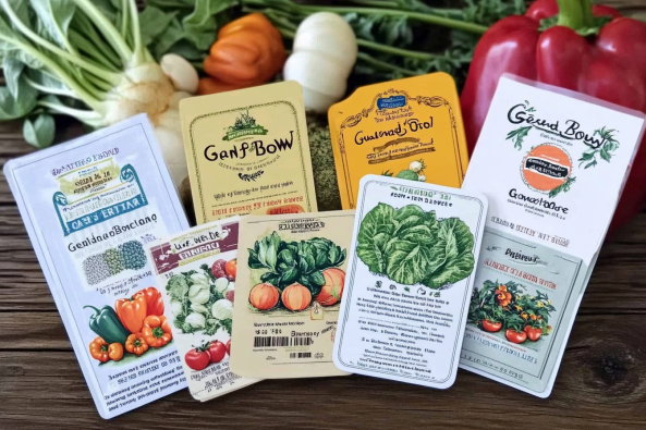 A collection of vintage-style vegetable seed packets arranged in a row on a wooden surface, with fresh vegetables such as red bell peppers, carrots, and onions in the background. The seed packets feature colorful illustrations of various vegetables including tomatoes, lettuce, and peppers, with intricate designs and typography suggesting a classic gardening aesthetic.