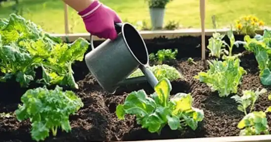 A gardener wearing pink gloves watering fresh leafy greens in a raised garden bed, with vibrant plants thriving in the sunlight.