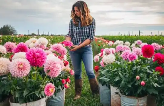 A woman standing in a vibrant flower field surrounded by large pink and white dahlias planted in rustic metal buckets. She is wearing a plaid shirt, jeans, and boots, gently inspecting one of the blooms, with a serene outdoor landscape and cloudy sky in the background.