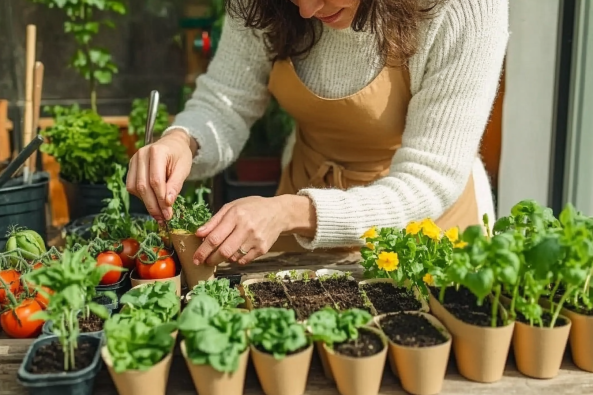 A woman wearing a beige apron and a cream sweater is carefully tending to small potted plants on a wooden table. The table is filled with a variety of seedlings, including leafy greens, flowering plants, and tomato plants. Sunlight streams in through a nearby window, creating a warm and nurturing environment for the plants.