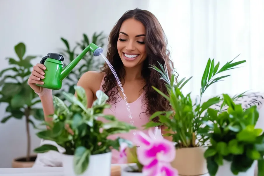 A smiling woman in a pink top using a white spray bottle to mist a potted green plant, surrounded by other houseplants in a bright, well-lit room.