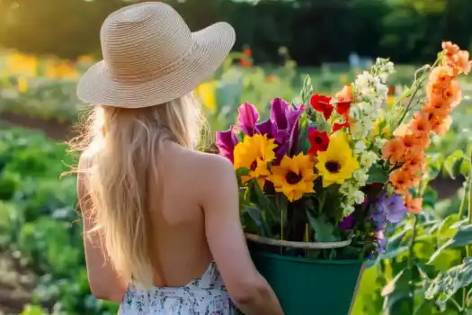 Woman holding a basket of colorful flowers in a garden.