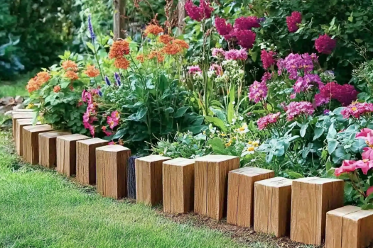 beautifully maintained garden with a variety of colorful flowers, including pink, orange, and purple blooms. The flower bed is bordered by a row of neatly arranged wooden blocks, creating a rustic and natural edge between the grass and the garden.