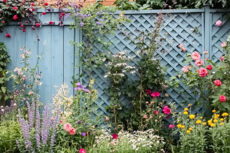 A charming garden filled with colorful flowers including roses, daisies, and lavender, set against a blue lattice fence for a cottage-style aesthetic.