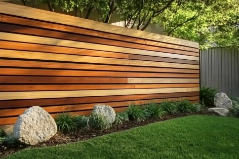 A sleek wooden slat fence paired with neatly landscaped greenery, decorative rocks, and a well-manicured lawn, creating a modern and tranquil outdoor space