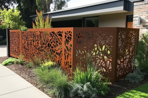 A modern garden featuring decorative laser-cut metal screens with intricate patterns, surrounded by lush plants and neatly designed landscaping.