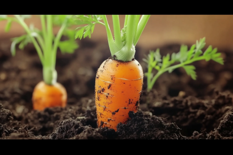 Close-up of fresh carrots partially buried in dark, rich soil, with vibrant green tops, illustrating growth in a garden