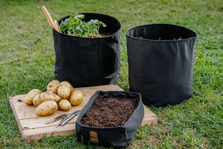 Set up for growing potatoes with black fabric grow bags, one containing potato plants, another with soil, and harvested potatoes displayed on a wooden board along with gardening tools, placed on a grassy outdoor area.