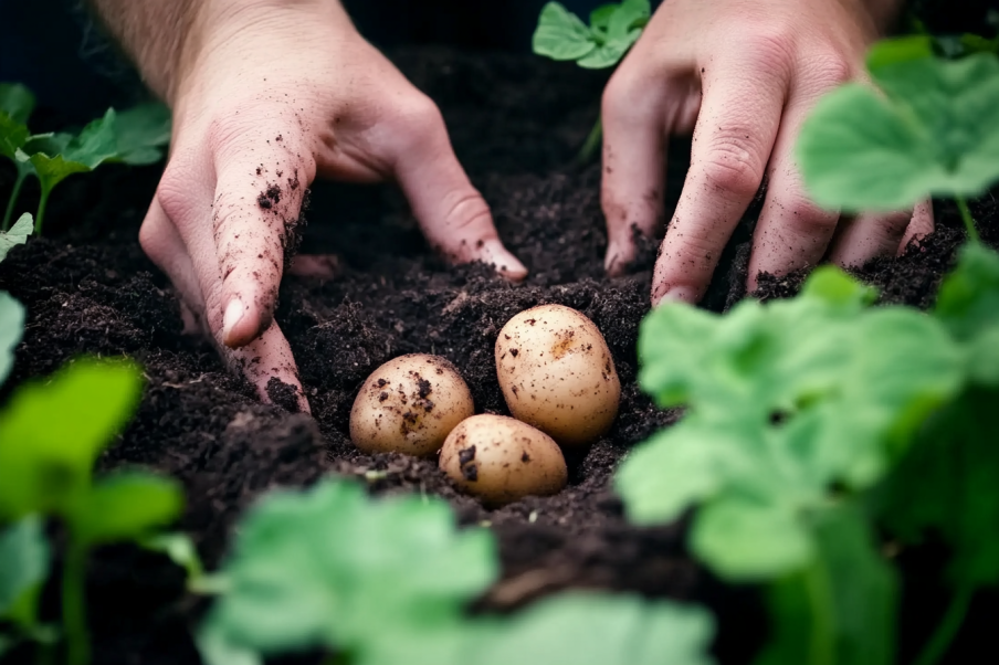 Close-up of hands gently planting or uncovering potatoes in rich, dark soil surrounded by green potato foliage, showcasing the process of growing potatoes.