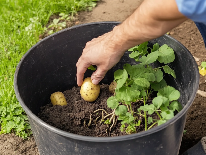 Close-up of a person's hand harvesting freshly grown potatoes from a black container with green potato plants. The container is placed outdoors on soil and grass, illustrating container gardening.