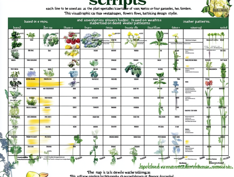 This chart visually organizes various plants, including vegetables, herbs, and flowers, categorized by growth stages and characteristics, with artistic illustrations for each plant type.