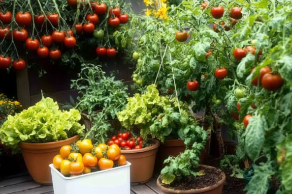 A thriving container garden filled with lush tomato plants, green lettuce, and other vegetables in pots. Ripe red and yellow tomatoes hang from vines, with freshly harvested ones placed in a white container, creating a vibrant and productive urban gardening space.