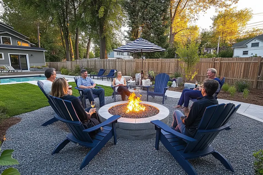 A group of friends relax around a modern outdoor fire pit, seated in navy blue Adirondack chairs on a gravel patio. The cozy backyard setting includes a swimming pool, umbrella-shaded seating, and lush landscaping, creating a perfect space for socializing.