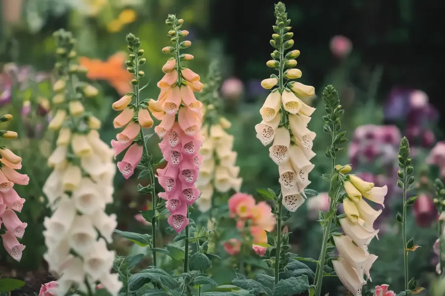 A garden filled with tall foxglove flowers in shades of pink, peach, and cream. Their bell-shaped blooms create a striking display, surrounded by a lush background of blurred flowers and greenery.