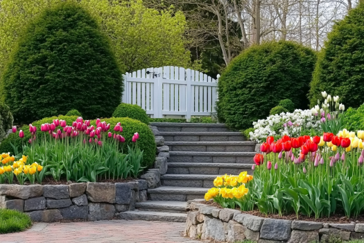 A scenic garden pathway featuring stone steps leading to a white wooden gate, surrounded by lush green shrubs and vibrant tulips in shades of red, pink, yellow, and white. The garden is well-maintained with neatly arranged flower beds and a peaceful ambiance.