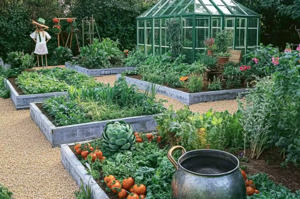 A well-organized vegetable garden featuring raised garden beds filled with lush green plants, tomatoes, and artichokes. A glass greenhouse sits in the background, housing potted plants and flowers. A gravel pathway winds through the garden, leading to a decorative metal pot and a scarecrow dressed in a white dress and straw hat. The surrounding greenery and neatly arranged plants create a peaceful and productive gardening space.