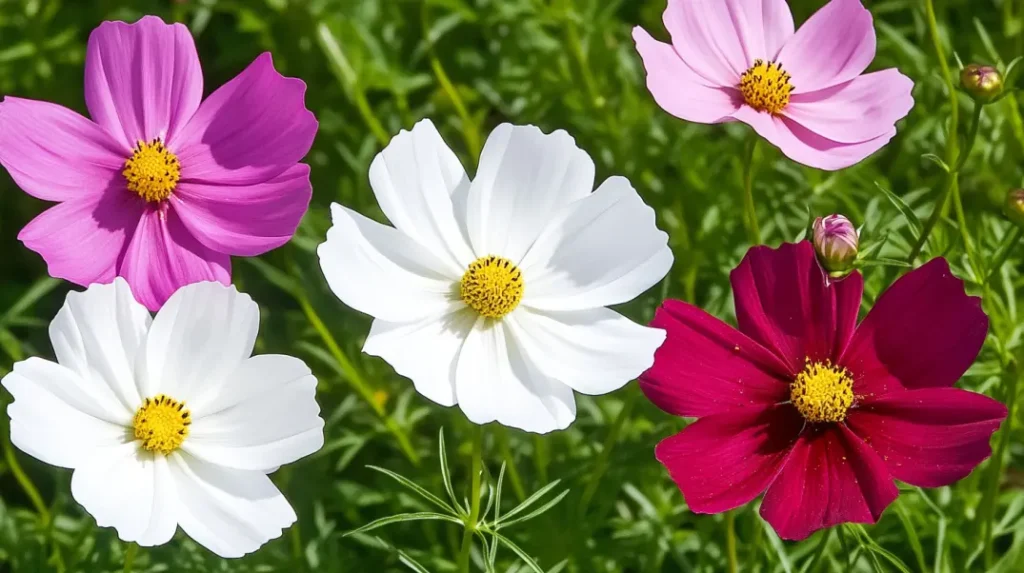  A close-up of cosmos flowers in shades of white, pink, and magenta with bright yellow centers, growing amidst lush green grass. The delicate petals are illuminated by sunlight, creating a vibrant and fresh outdoor garden scene.