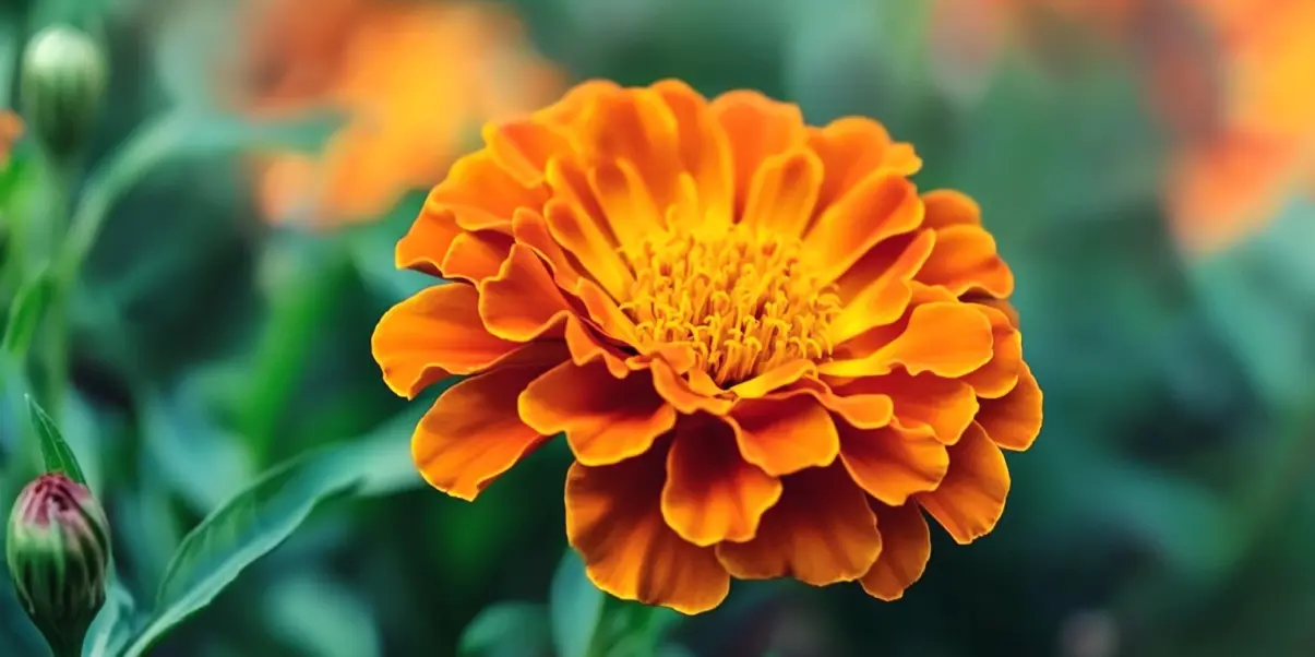 A close-up of a vibrant orange marigold flower with delicately ruffled petals and a golden-yellow center. The background is softly blurred, featuring green leaves and additional marigolds, creating a warm and lively garden scene.