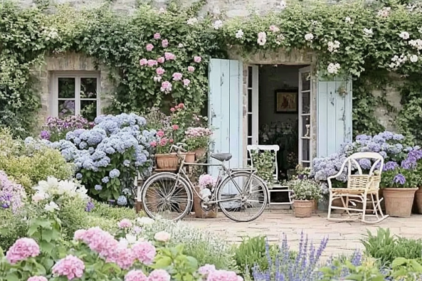 A picturesque cottage with pastel blue shutters, surrounded by blooming hydrangeas and lush greenery. A vintage bicycle with a wicker basket leans against the stone wall, adding to the rustic charm. The cozy outdoor seating area completes the inviting garden setting.