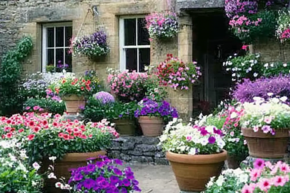 A picturesque cottage garden overflowing with colorful flowers in terracotta pots and hanging baskets. The rustic stone cottage has a warm, inviting facade with two windows and a doorway, partially covered by trailing blooms. Various shades of pink, purple, red, and white flowers, including petunias and geraniums, create a lush and vibrant scene. The garden is beautifully arranged with flowers at different heights, making it a stunning and welcoming outdoor space.