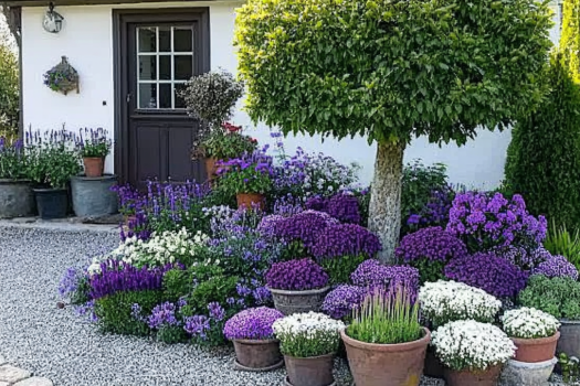 A beautifully landscaped garden in front of a cozy white cottage with a dark wooden door. The garden is filled with lush purple, white, and green flowering plants, both in pots and arranged in the ground. A neatly trimmed small tree stands in the center, surrounded by gravel pathways. Potted plants add a rustic charm to the entrance, creating a welcoming and picturesque outdoor space.