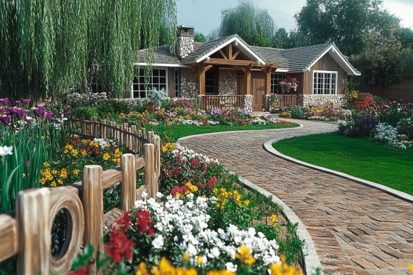 A picturesque stone cottage with a wooden porch, surrounded by a lush garden filled with colorful flowers. A winding brick pathway leads through the vibrant landscape, bordered by a rustic wooden fence and lush greenery.